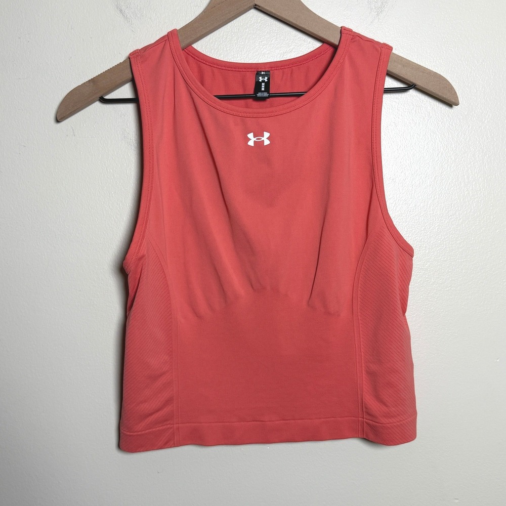 Under Armour Womens Tank Top Medium Coral Pink Ribbed Seamless Crop Activewear